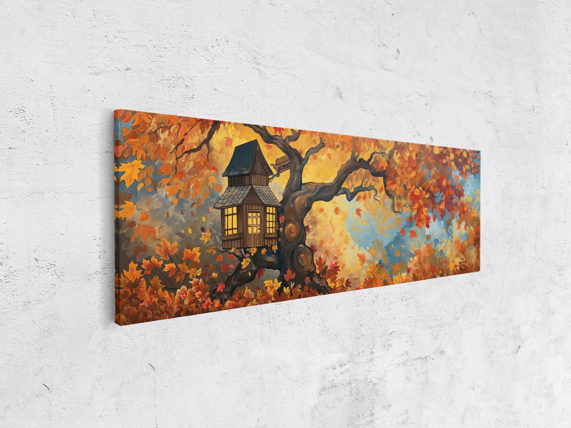 Cozy Treehouse Autumn Maple Leaves Falling Panoramic Wall Poster - Image 4