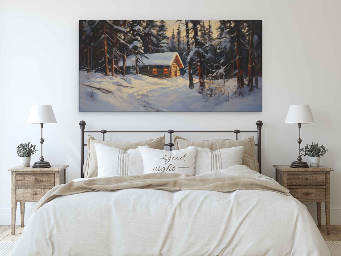Snowy Log Cabin Warm Window Light Forest Twilight Winter Art Print - Image 3
