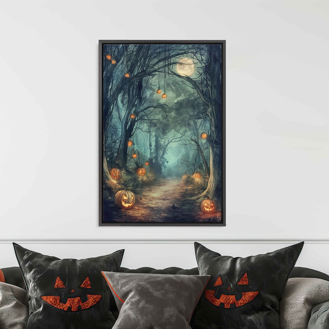 Moonlit Forest Path Hanging Glowing Jack O Lanterns Night Halloween Print - Image 3