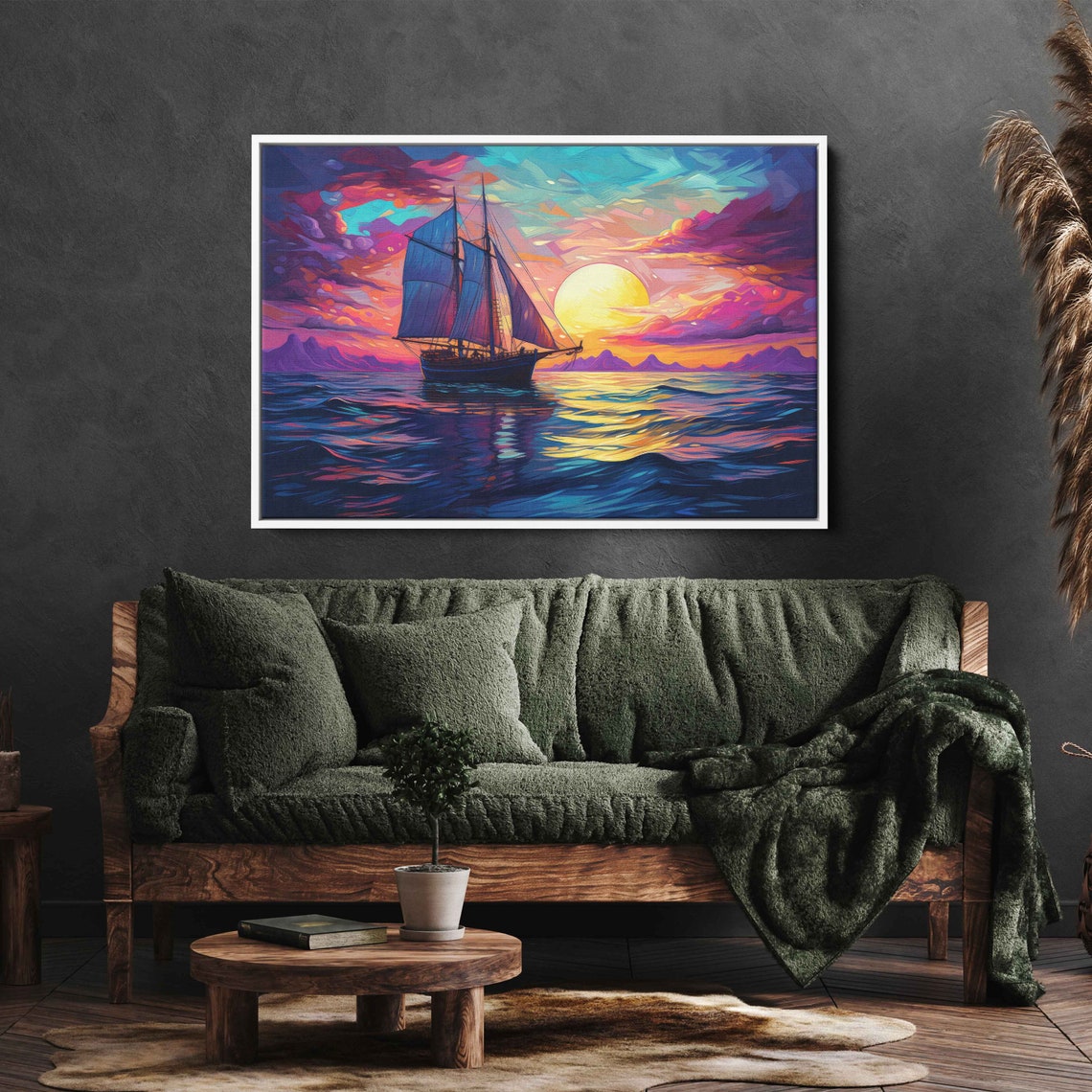 Sailboat At Sunset Vibrant Ocean Waves Colorful Sky Sailing Ship Print