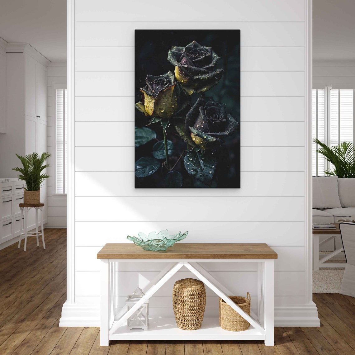Black Yellow Roses With Water Droplets Print On Gothic Wall Art - Image 2