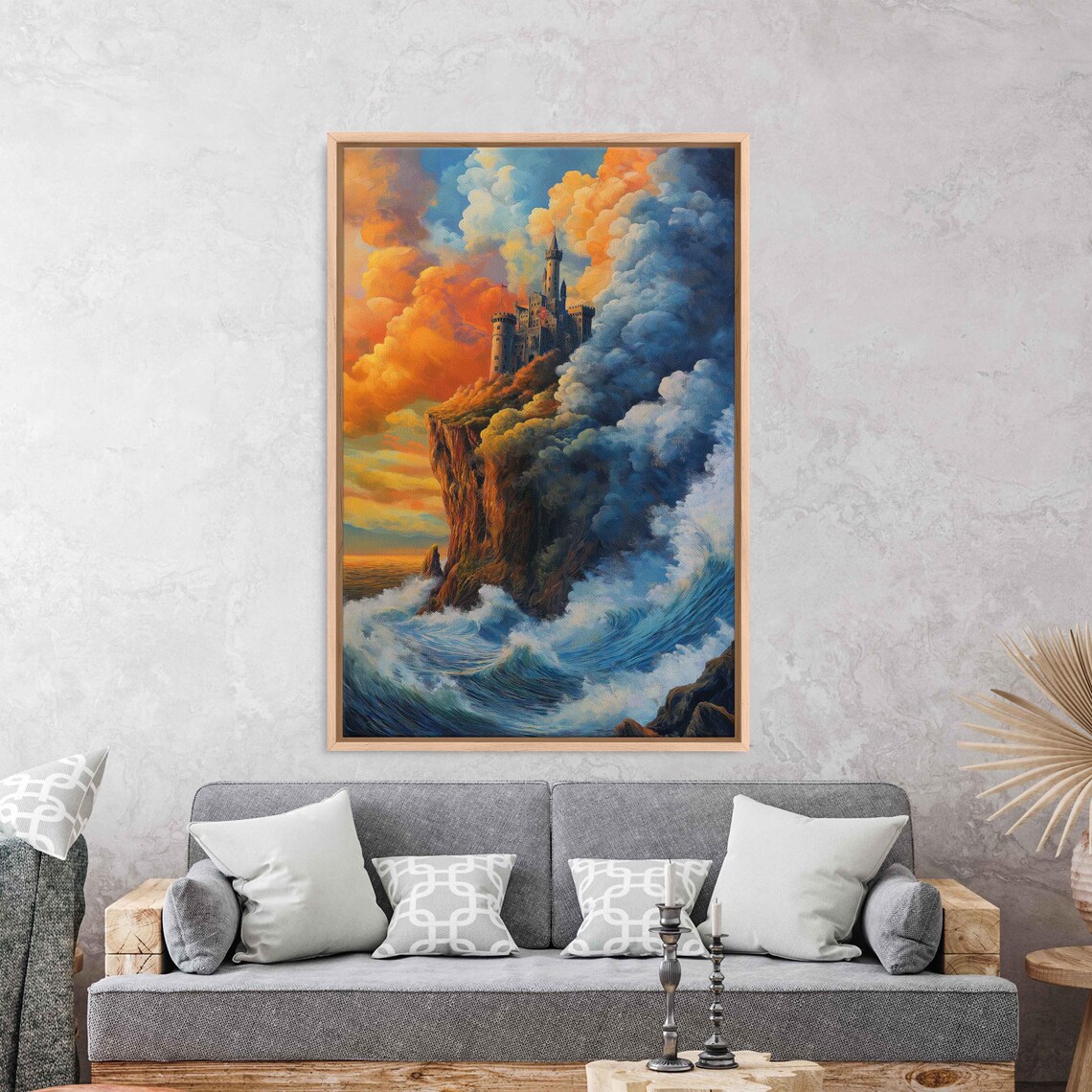 Castle On Cliff Over Stormy Sea Sunset Fantasy Oil Painting Art Poster - Image 3