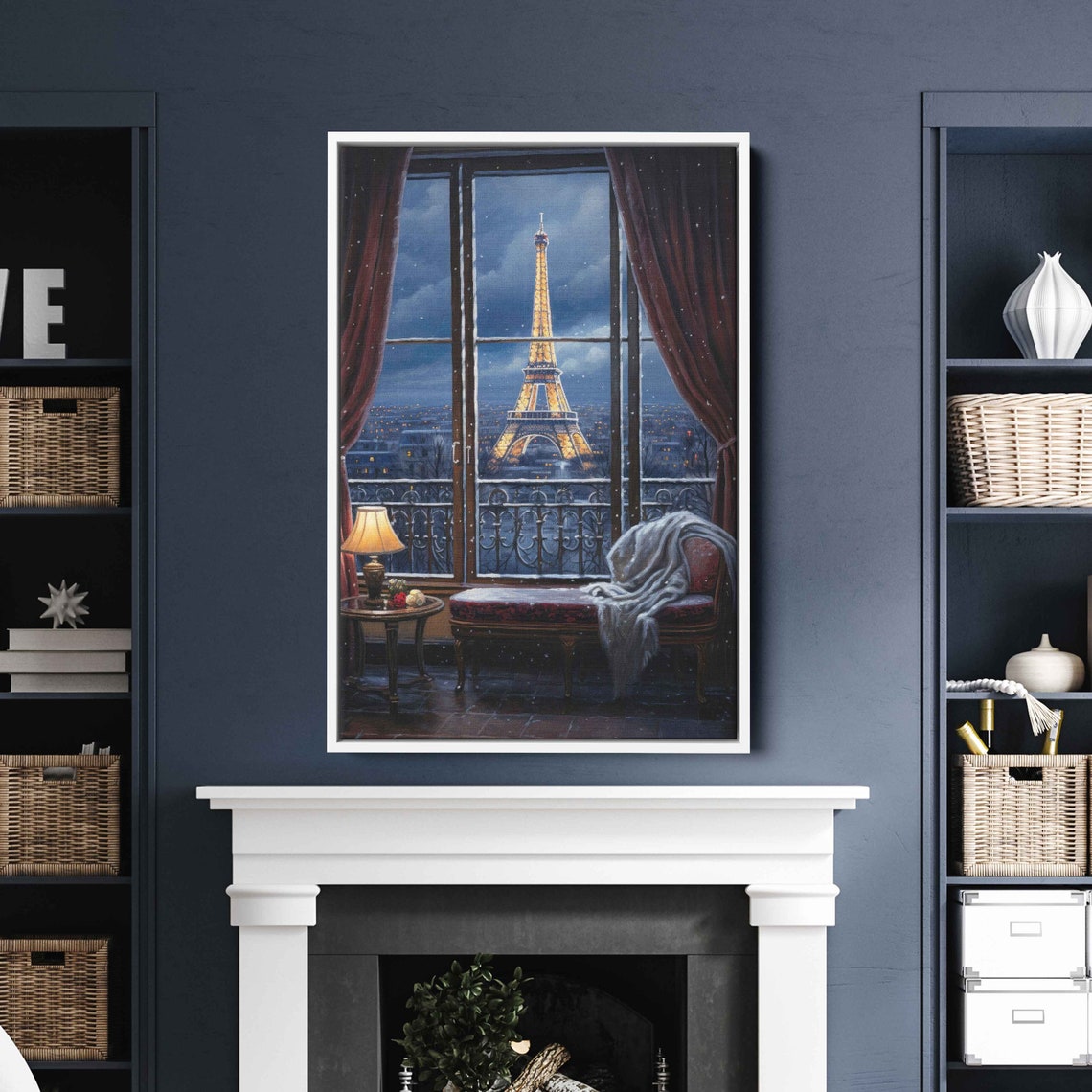 Golden Eiffel Tower Night French Windows Snowy Evening Cozy Poster
