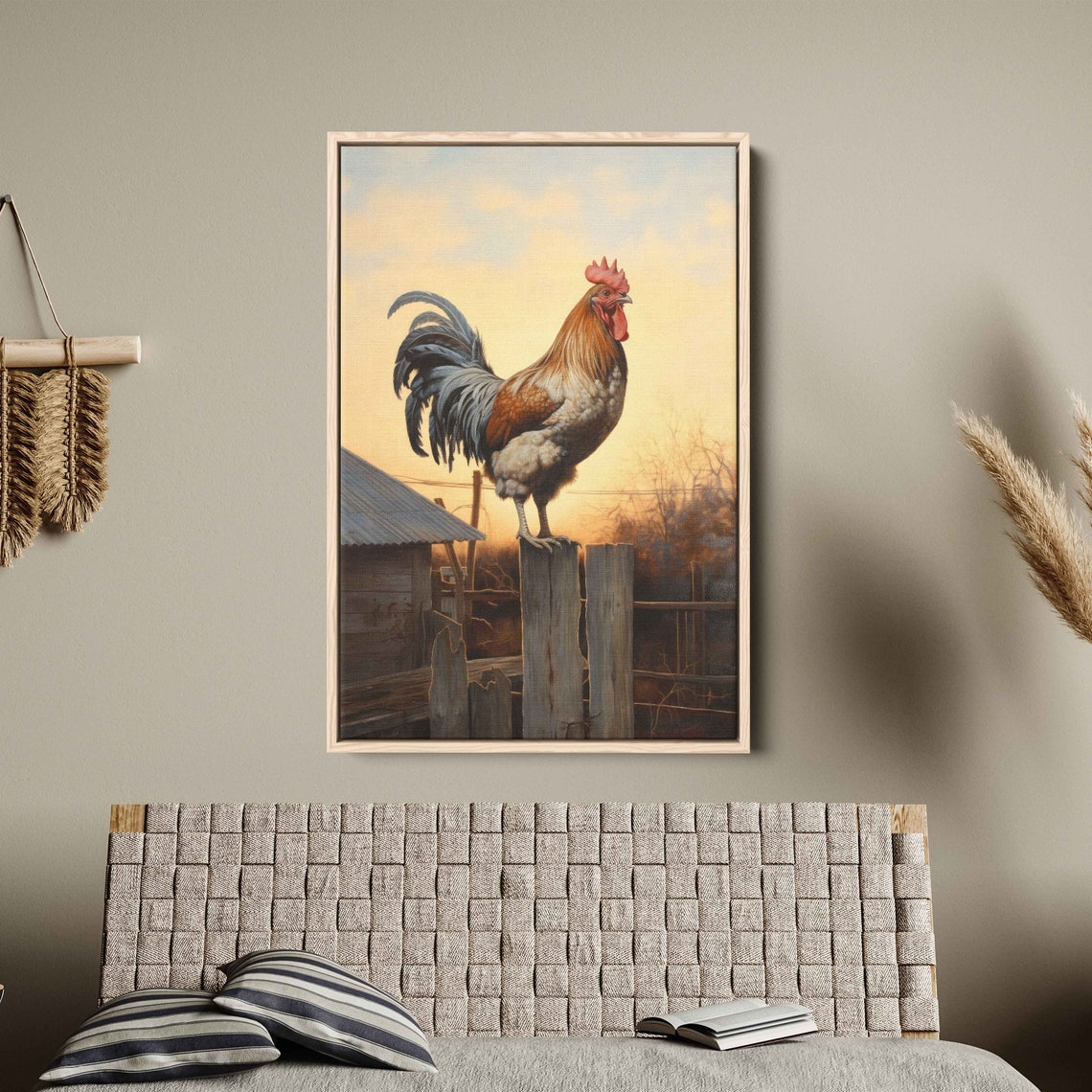 Rooster on Wooden Fence Post Golden Sunset Rustic Farm Wall Art Print