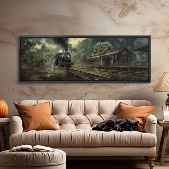 Haunted Train Station Steam Locomotive Ghostly Figures Misty Night Poster