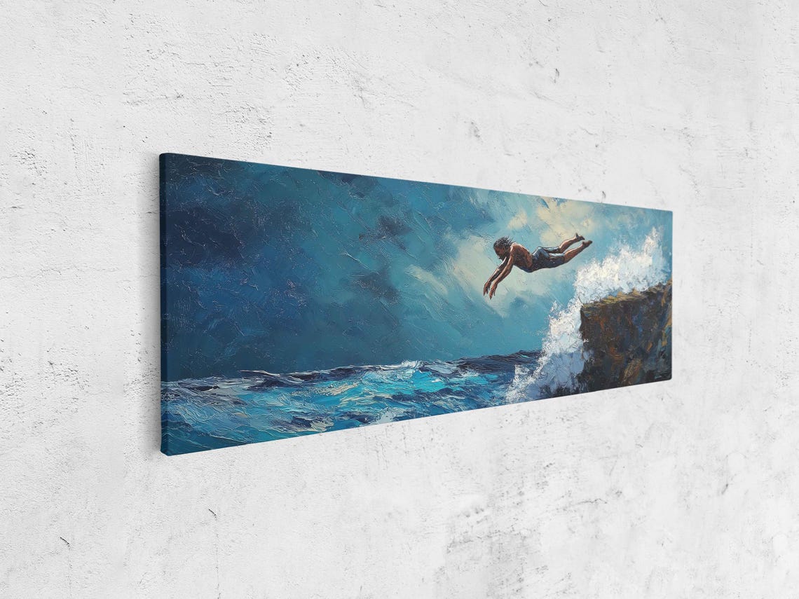 Cliff Diver Leaping Into Ocean Dramatic Waves Adventure Art Poster - Image 4