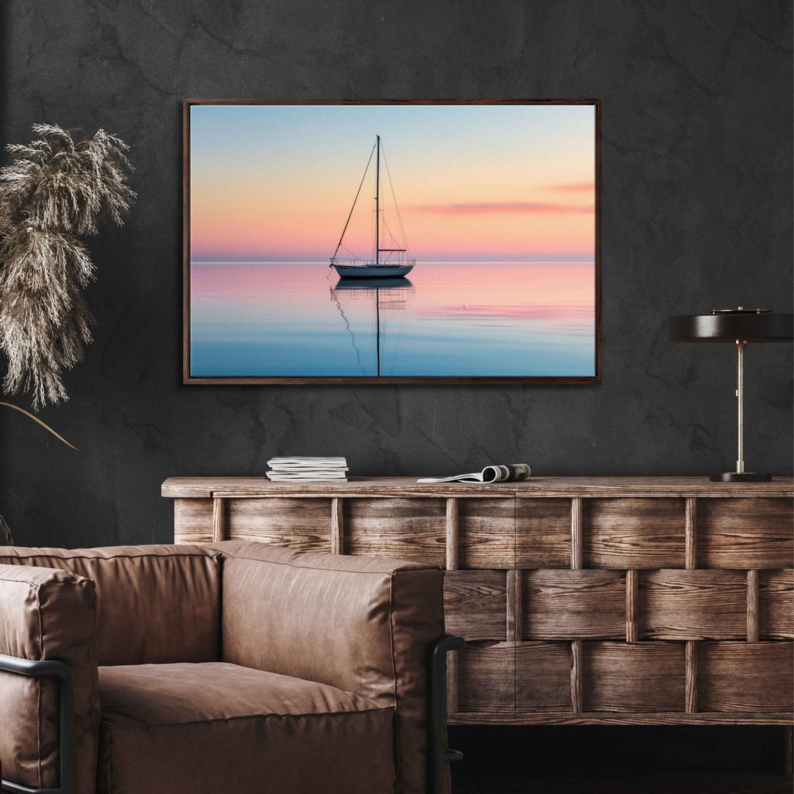 Sailboat Anchored At Pastel Sunset Mirror Sea Minimalist Poster - Image 3