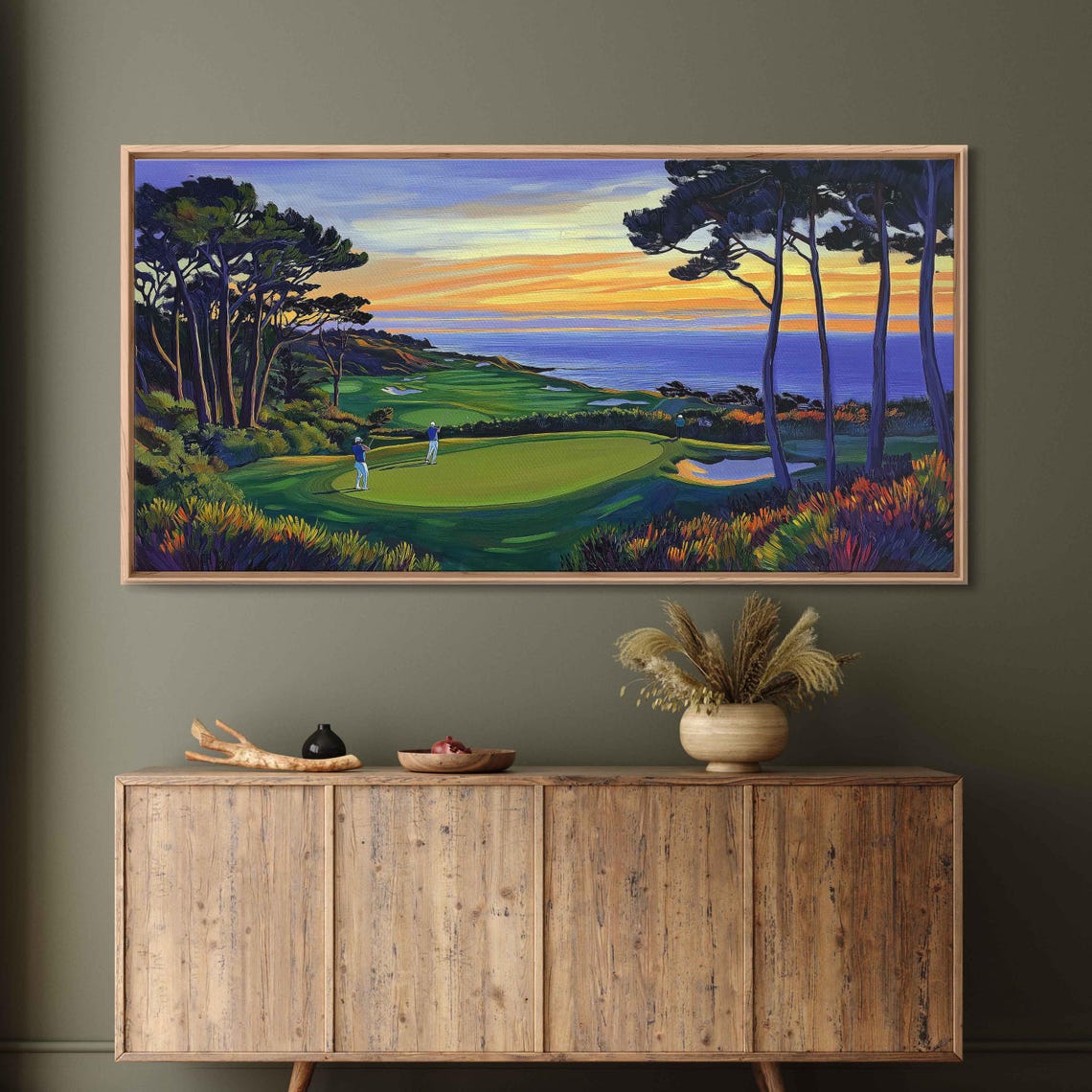 Coastal Golf Course Sunset Painting With Tall Pines Ocean View Poster