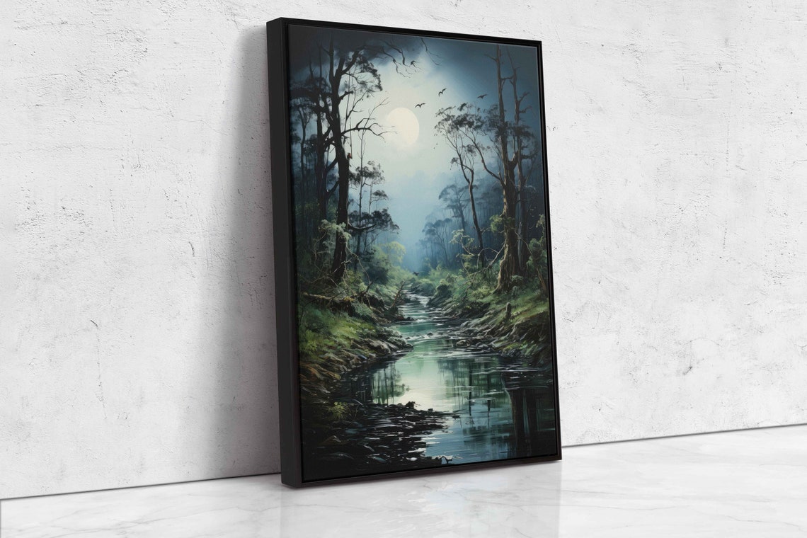 Moonlit Forest Stream Misty Night Full Moon Reflection Nature Poster - Image 4