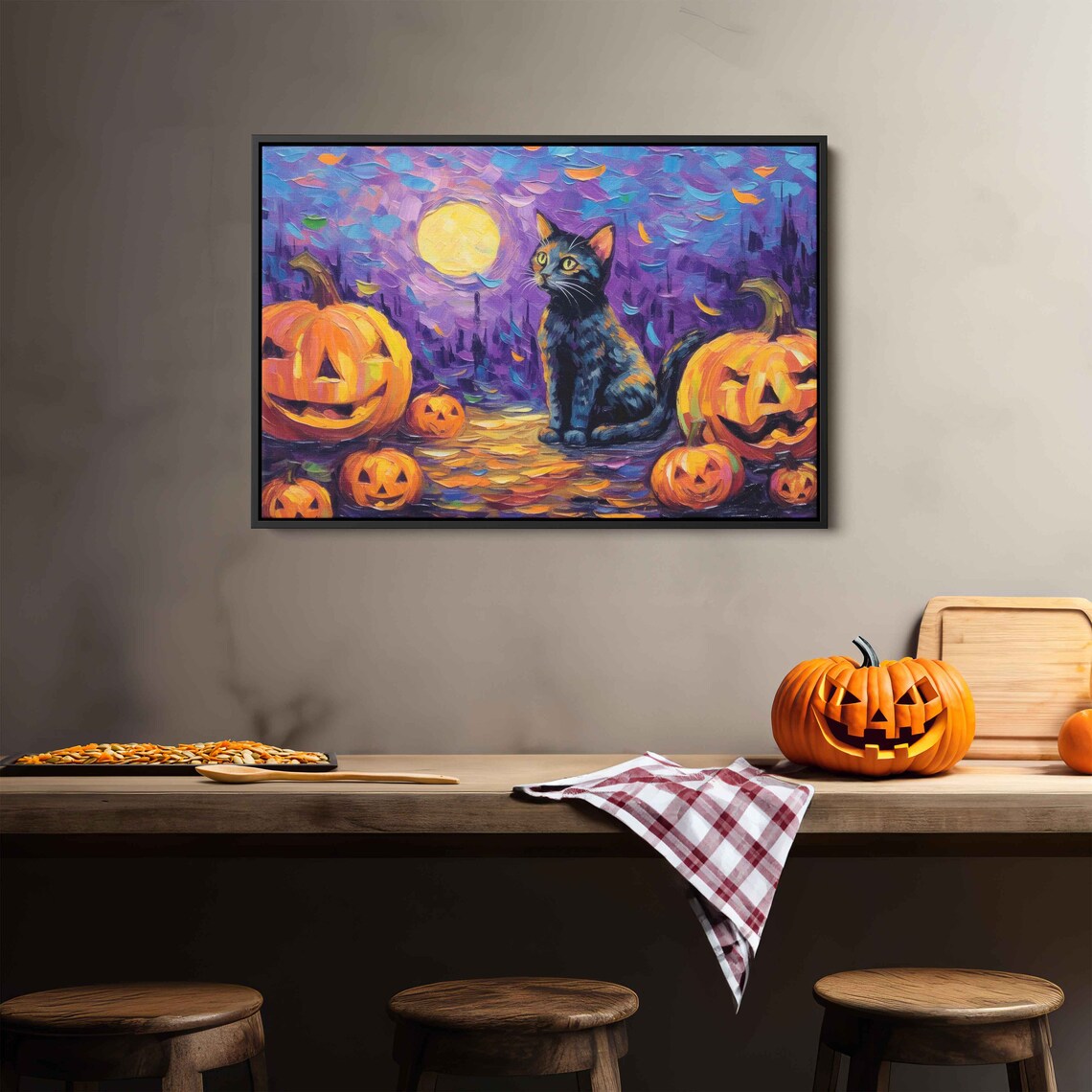 Black Cat Halloween Jack O Lantern Pumpkins Full Moon Whimsical Painting Print - Image 4