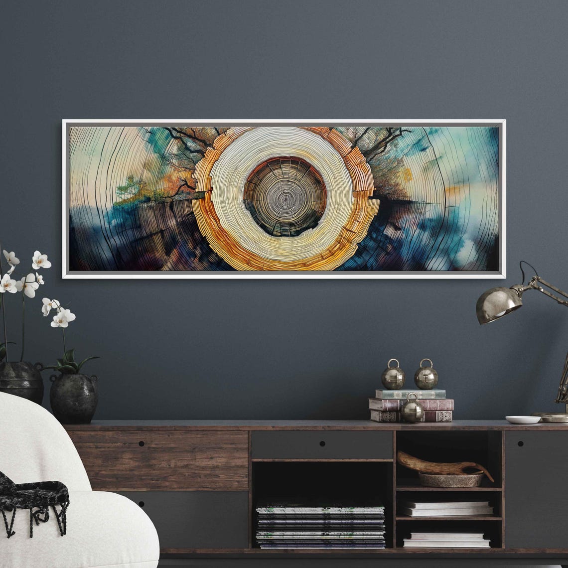 Watercolor Tree Rings Panoramic Wall Art Teal Gold Abstract Print - Image 3