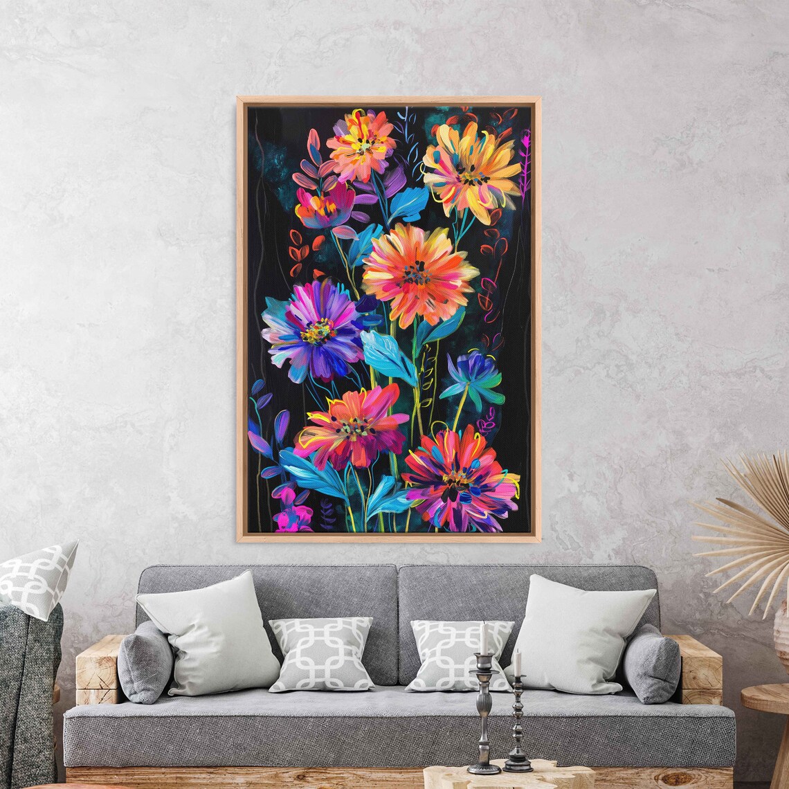 Neon Wildflowers Midnight Garden Rainbow Daisies Painting Poster
