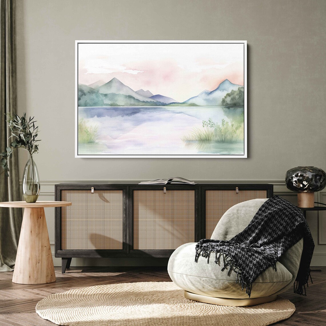 Beautiful Lake Watercolor Mountains In Background Light Neutral Colors Print On Guest Room Decor - Image 3