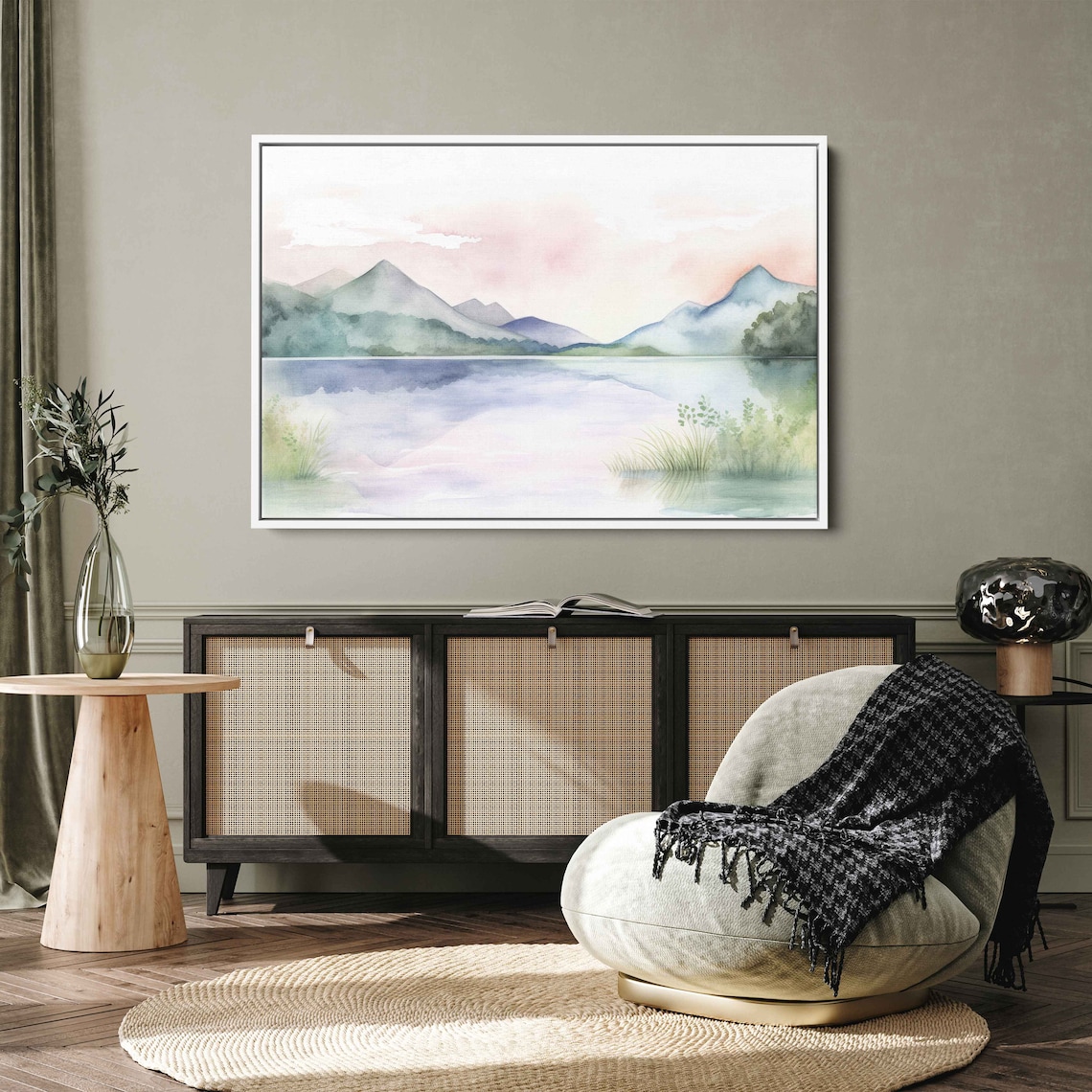 Mountain Lake Pink Sky Reflection Watercolor Landscape Travel Poster - Image 3