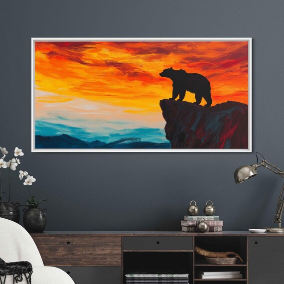 Grizzly Bear Silhouette On Cliff Edge Breathtaking Sunset Art Poster