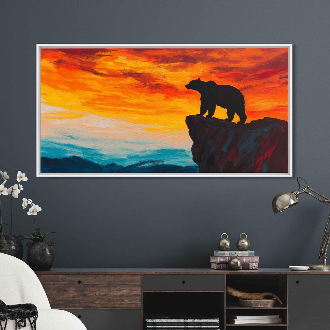 Grizzly Bear Silhouette Wall Art Print Breathtaking Sunset Bold Acrylic Painting