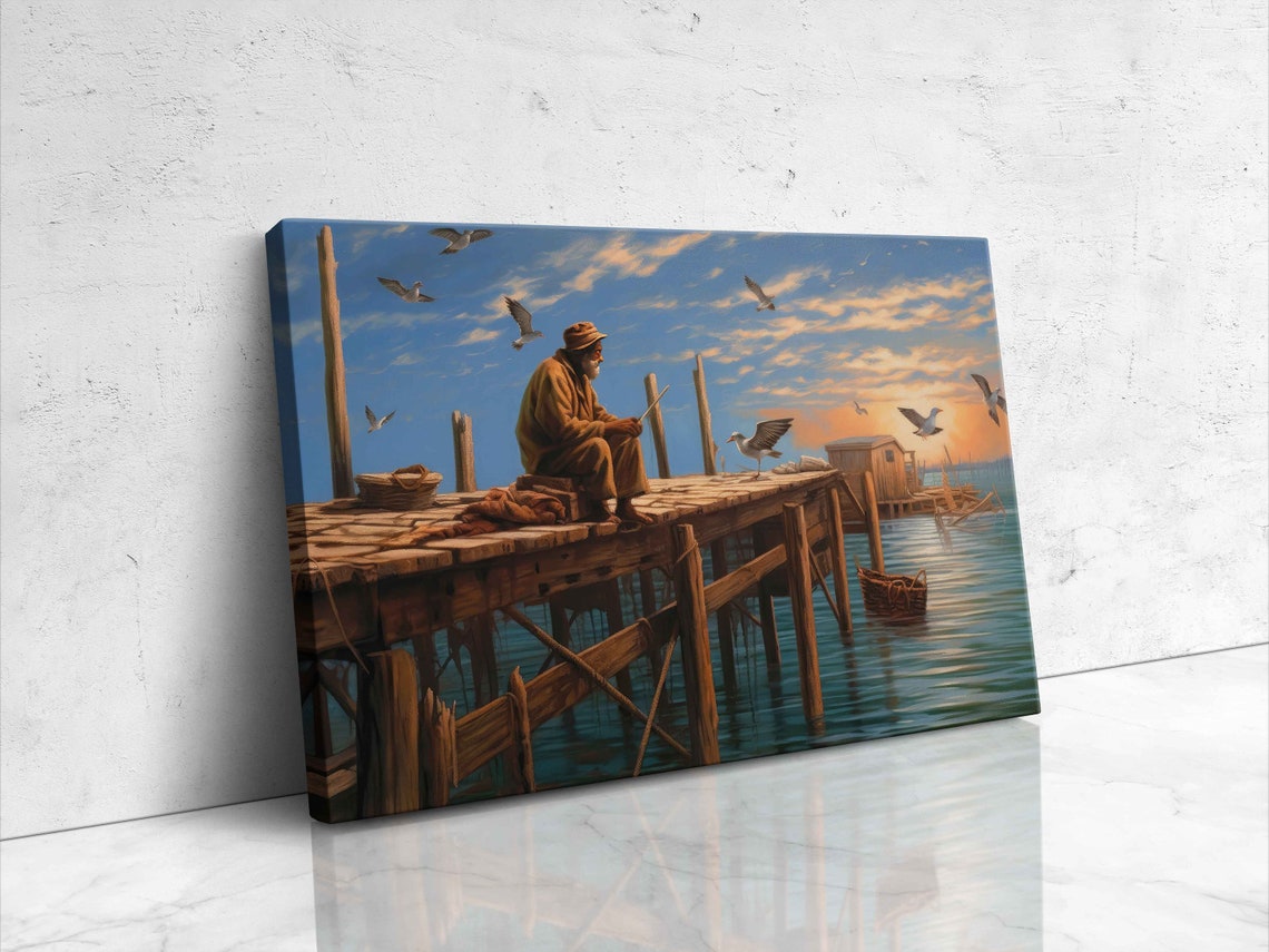 Old Fisherman Sitting on Wooden Dock at Sunset Harbor Art Print - Image 4