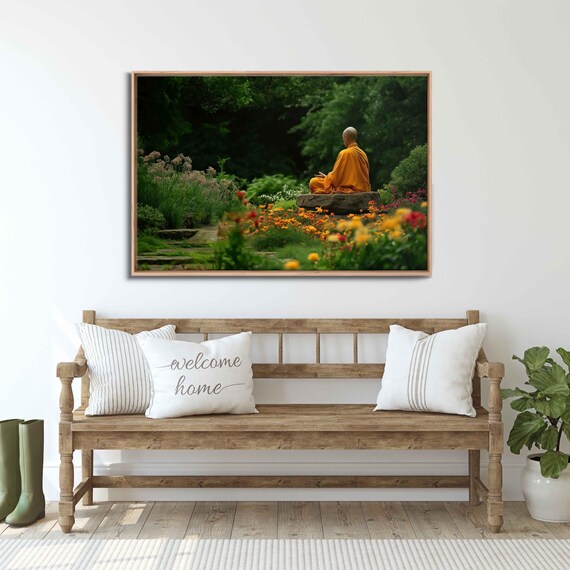 Buddhist Monk Meditating In Lush Flower Garden Saffron Robes Poster