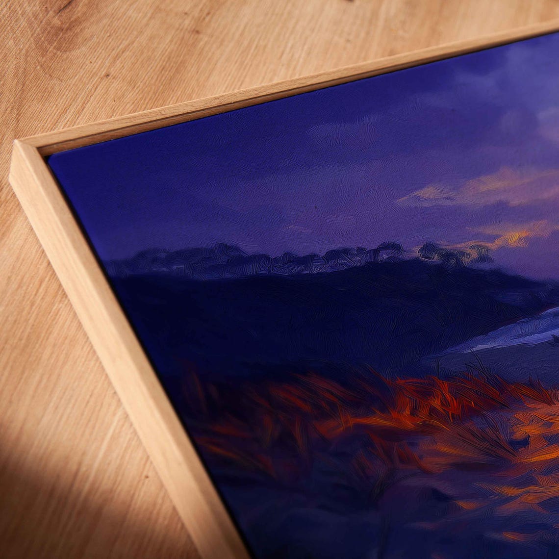 Beach Bonfire At Sunset Glowing Flames Purple Orange Sky Art Poster - Image 2