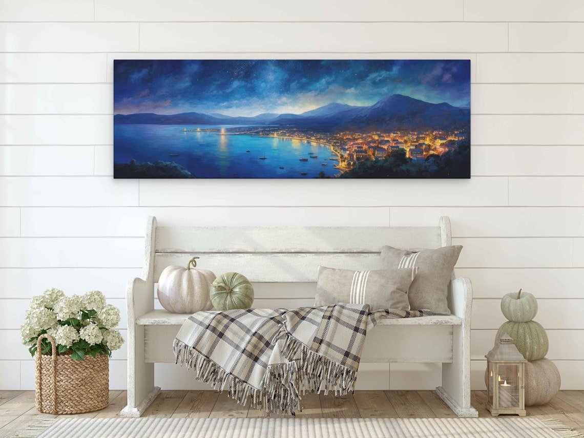 Coastal Town Night Lights Panoramic Bay Mountains Starry Sky Poster - Image 2