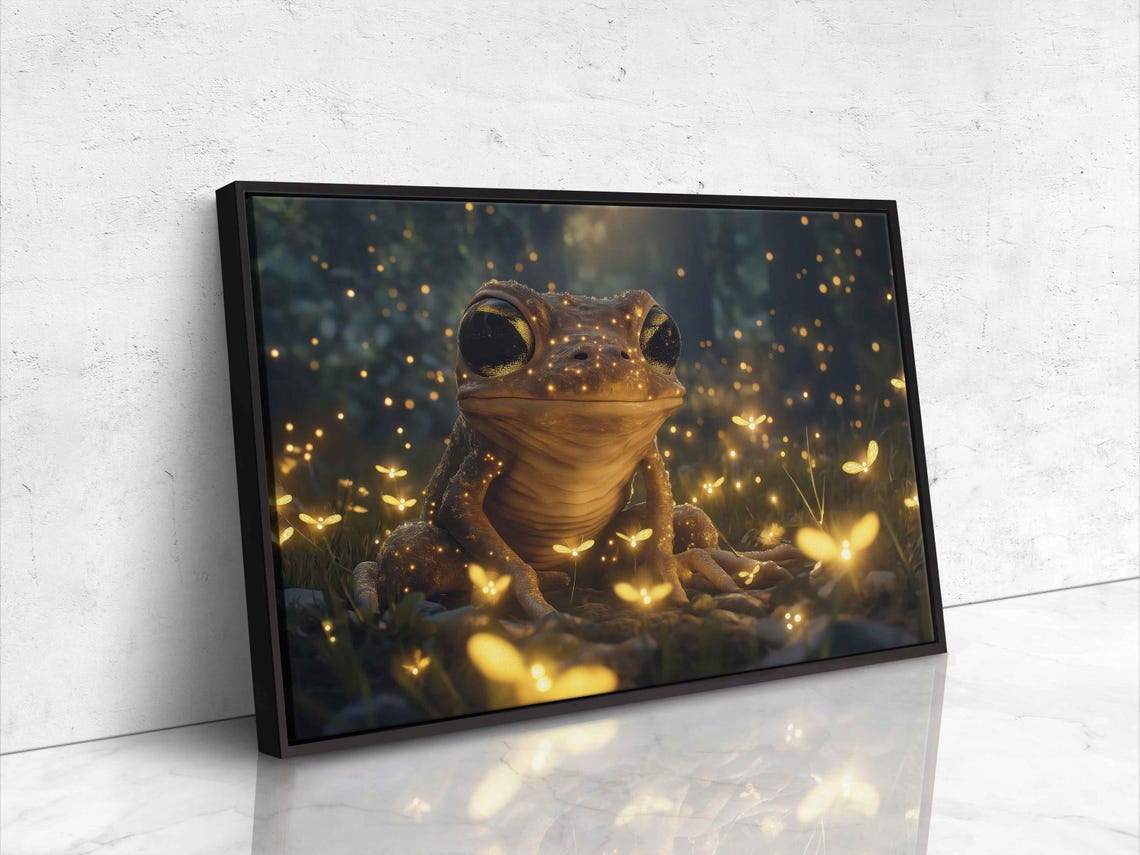Adorable Big-Eyed Frog Among Glowing Fireflies Whimsical Poster - Image 4