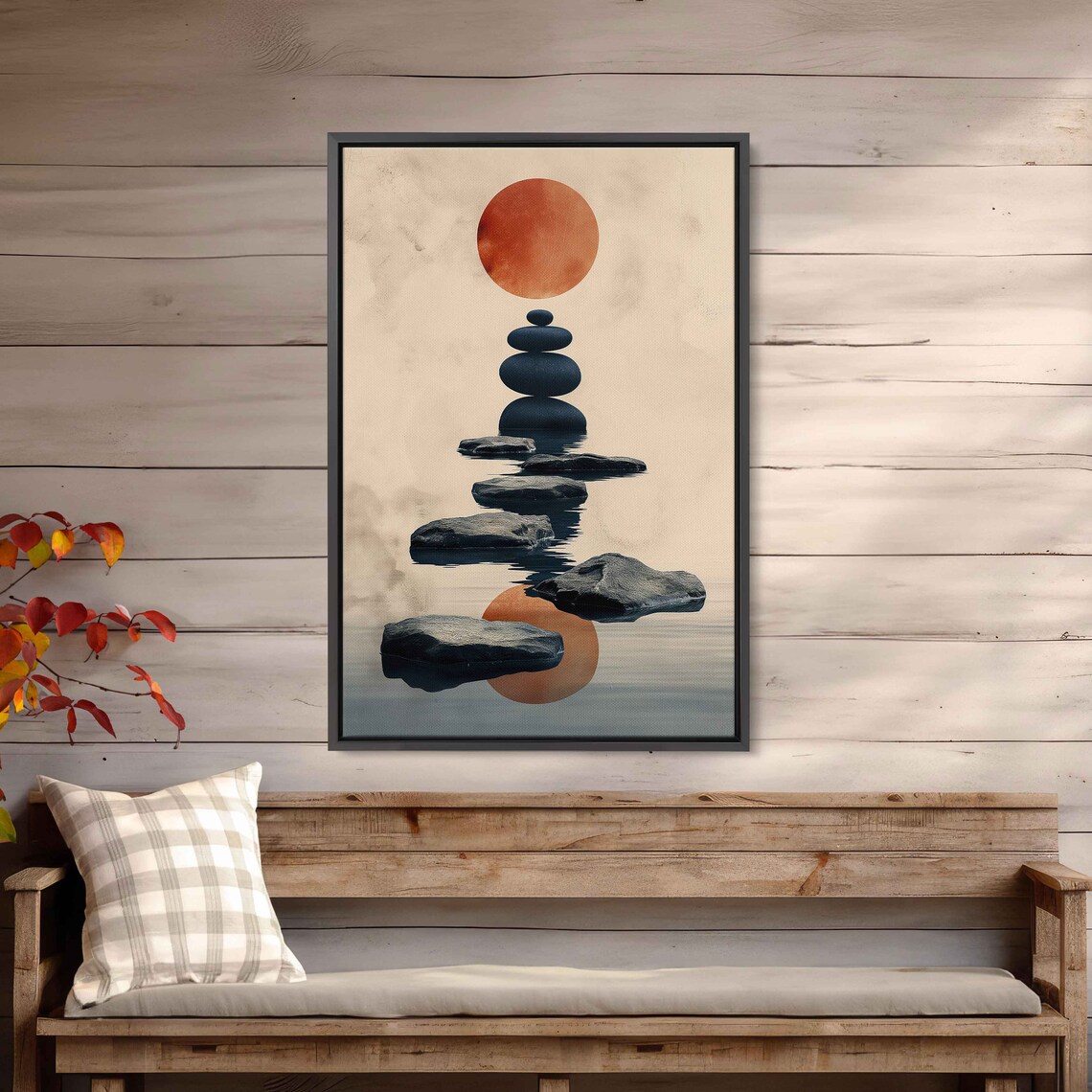 Zen Stacking Stones Balancing Rocks Red Moon Calm Water Meditation Print - Image 3