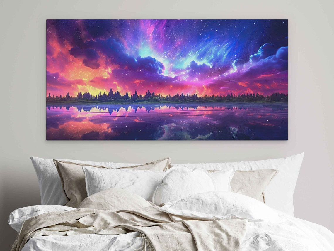 Stunning Cloudy Night Sky Over Lake With Detailed Reflections And Aurora Borealis Print On Ready To Hang