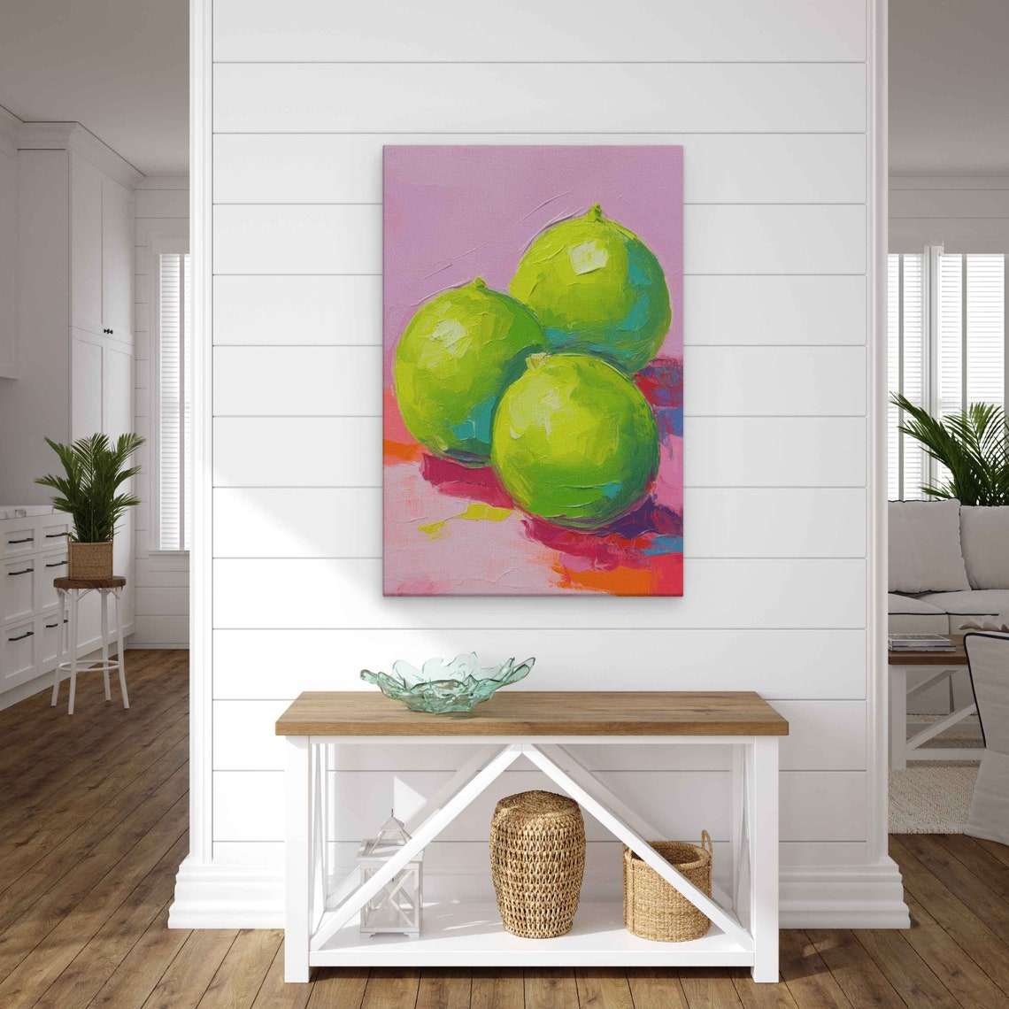 Fresh Green Limes On Pink Background Palette Knife Kitchen Art Poster - Image 3