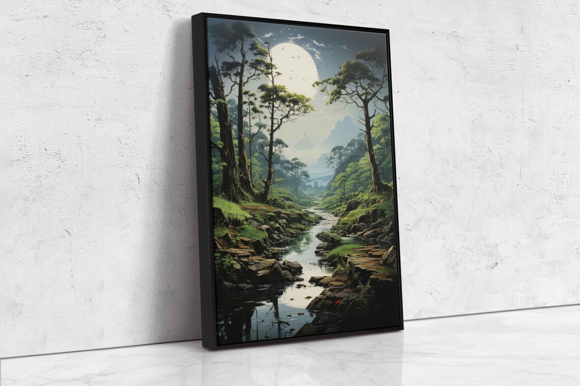 Sunlit Forest Stream Tranquil Nature Painting Framed Print Ready To Hang - Image 4