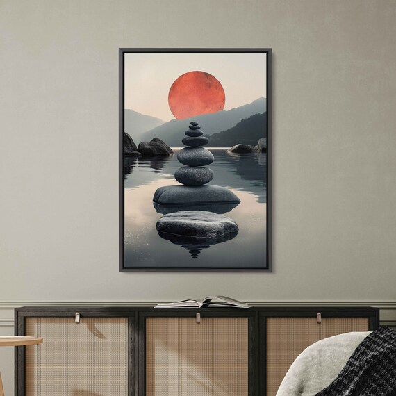 Zen Stacking Stones Red Sun Calm Lake Reflective Meditation Art Poster