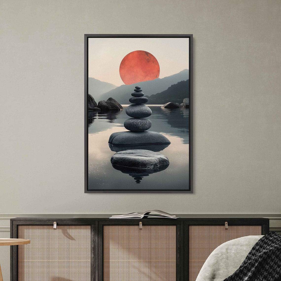 Zen Stacking Stones Red Sun Calm Lake Reflective Meditation Art Poster
