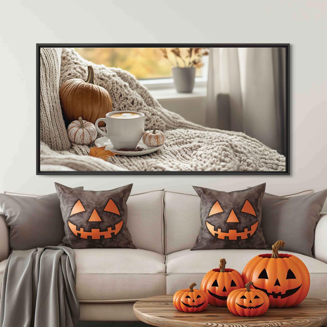 Coffee Cup With Pumpkins On Knit Blanket Cozy Autumn Photo Print - Image 3