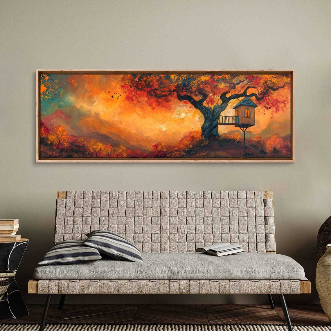 Autumn Treehouse Gnarled Old Tree Fiery Sunset Panoramic Poster