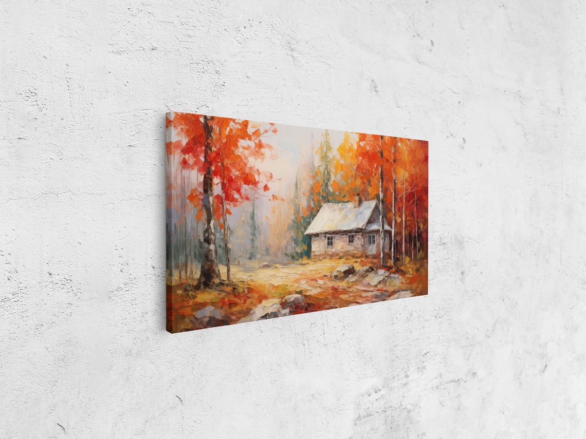 Autumn Cabin Birch Trees Red Orange Foliage Forest Impressionist Print - Image 4
