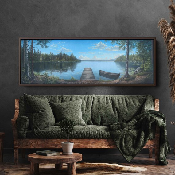 Serene Calm Lake Dock Landscape Panoramic Wall Art Print Wooden Canoe Forest Tree Line Cabin Wall Art Ready To Hang