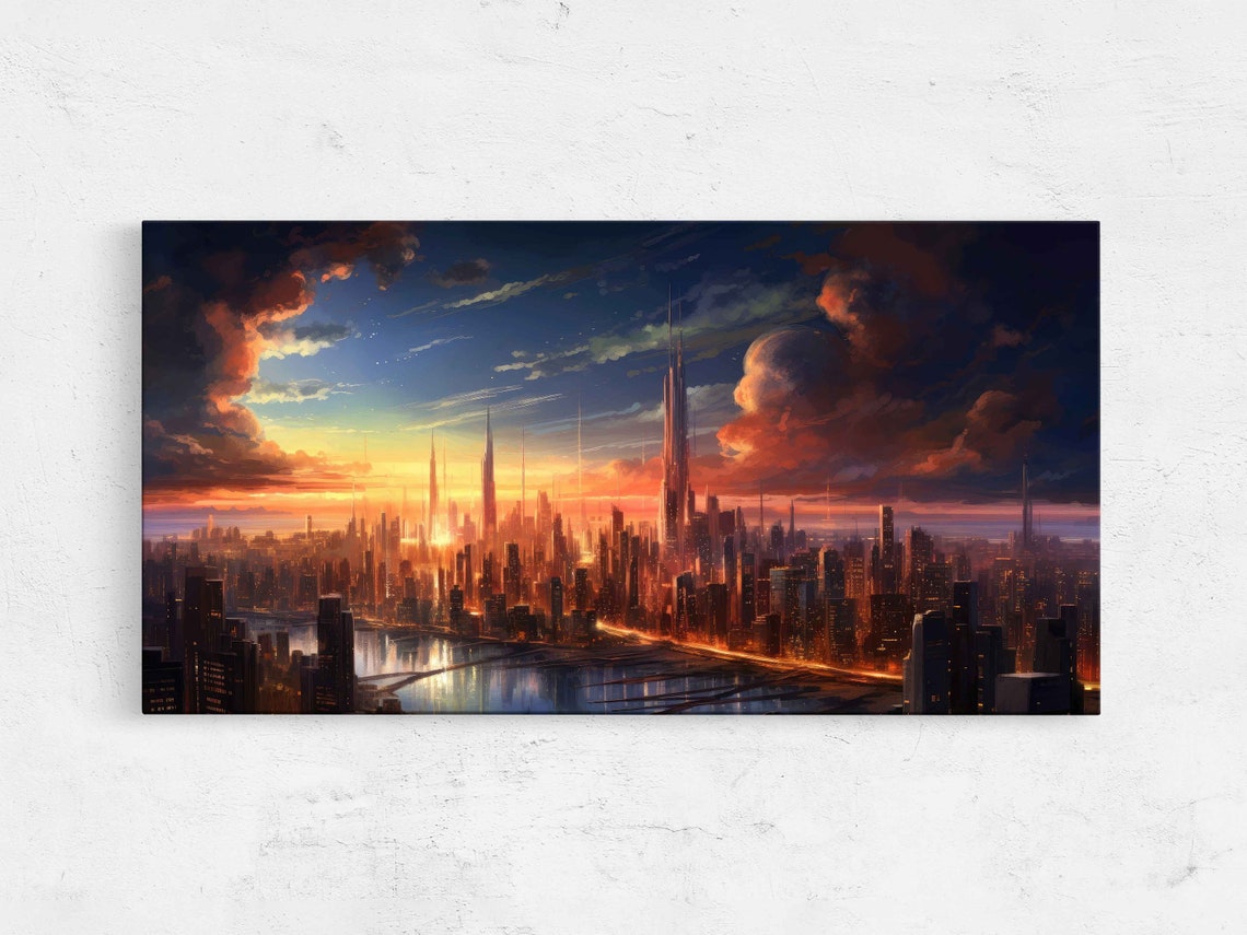 Stunning City Skyline At Sunset Framed Print Ready To Hang