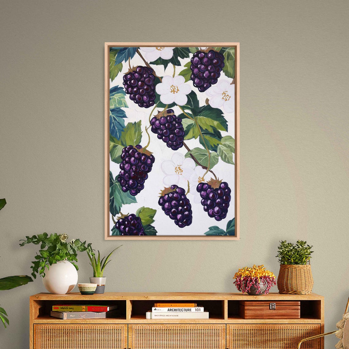 Ripe Blackberries And White Blossoms Botanical Fruit Art Poster