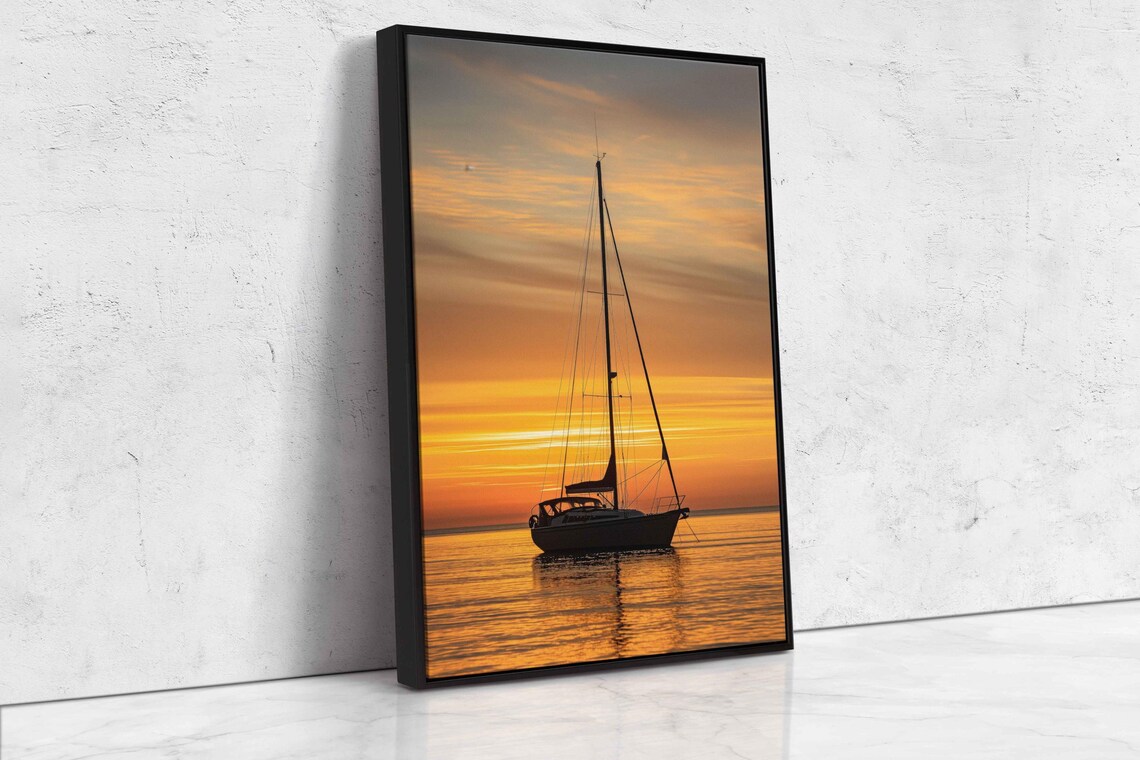 Sailboat Silhouette On Calm Sea At Golden Sunset Horizon Nautical Poster - Image 4