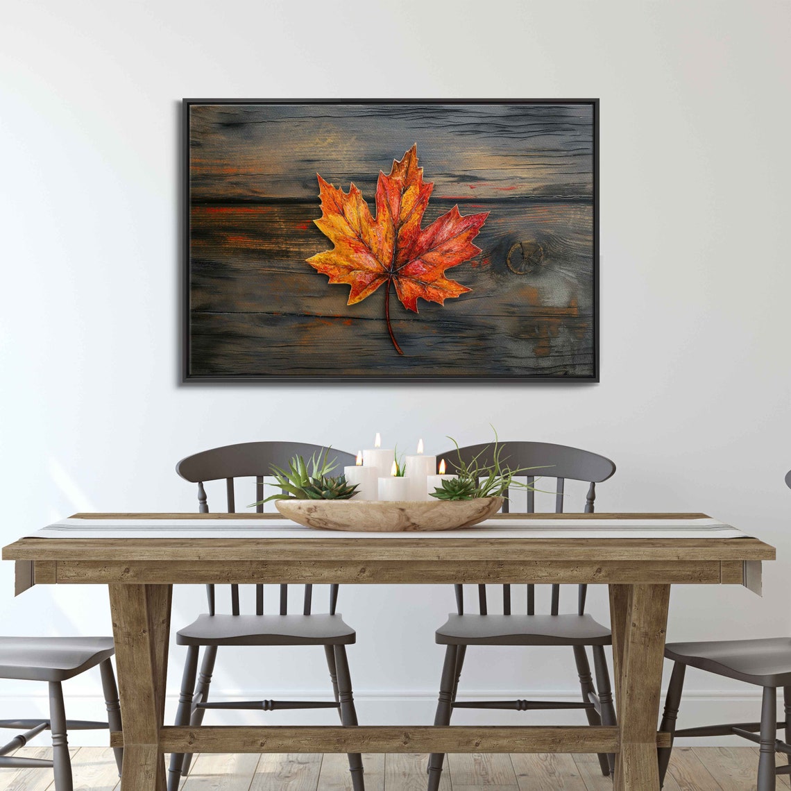 Single Maple Leaf On Dark Rustic Painted Wood Fall Decor Art Poster
