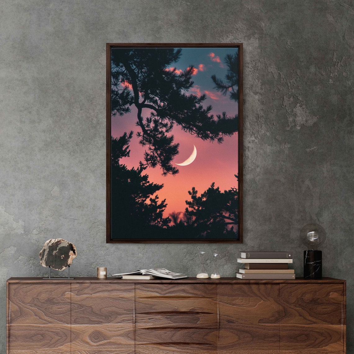Crescent Moon Shown Through Tree Branches Wall Art Print Vibrant Pink Sky Nature Painting Ready To Hang - Image 3