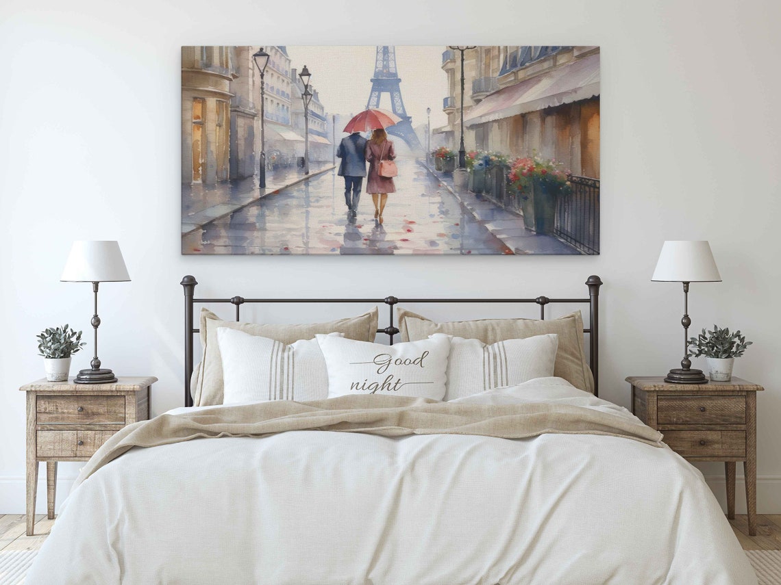 Paris Rainy Street Eiffel Tower Couple Pink Umbrella Watercolor - Image 3