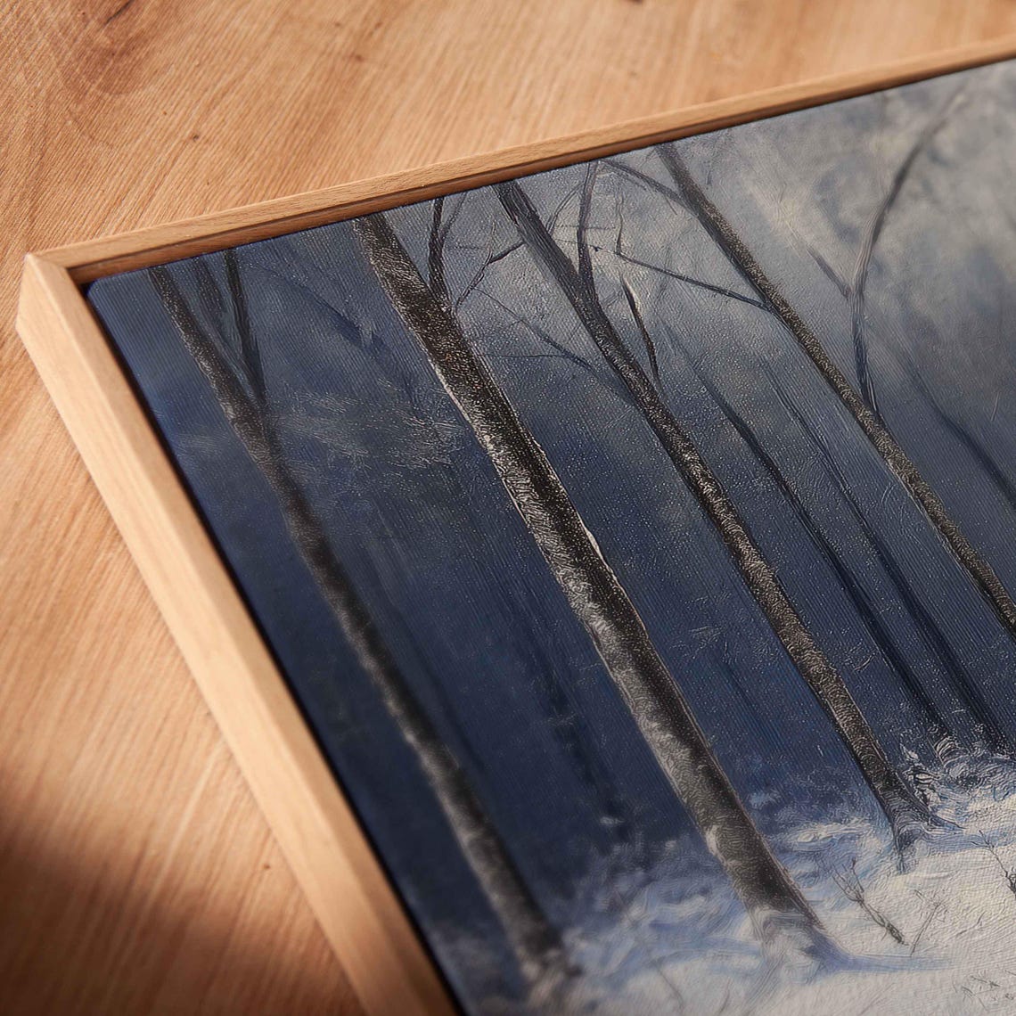 Moonlit Winter Forest Painting Snowy Birch Trees Blue Night Canvas Art - Image 2