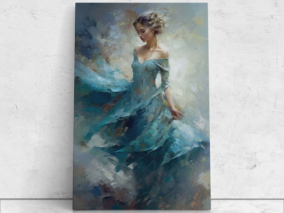 Woman Flowing Blue Dress Painterly Elegant Portrait Art Poster