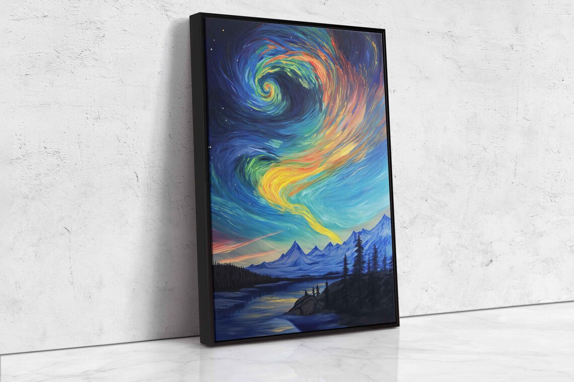 Dramatic Rainbow Aurora Vortex Over Mountain Lake Pine Night Sky Poster - Image 4