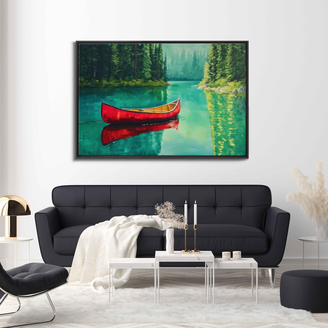 Red Canoe On Emerald Lake, Tranquil Nature Scene
