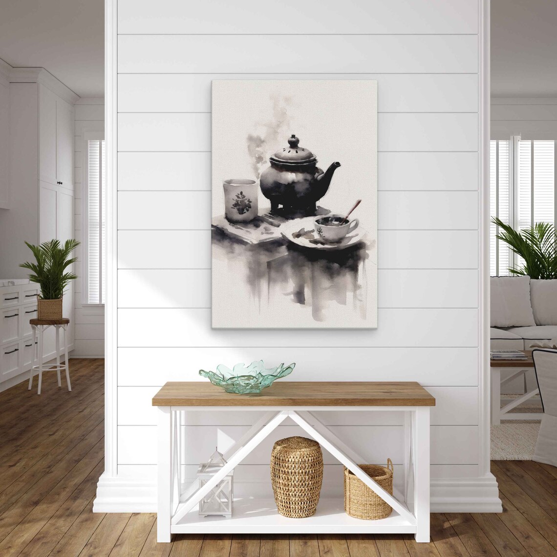 Monochrome Ink Teapot Tea Cups Still Life Zen Art Painting Poster - Image 3