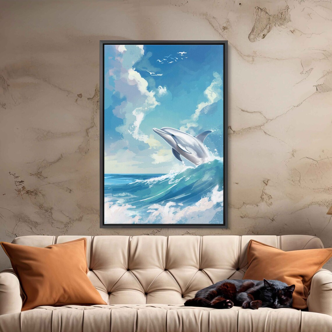 Dolphin Jumping Out Of The Water Wall Art Print Aquatic Animal Poster Ocean Painting Lake House Decor Ready To Hang - Image 3