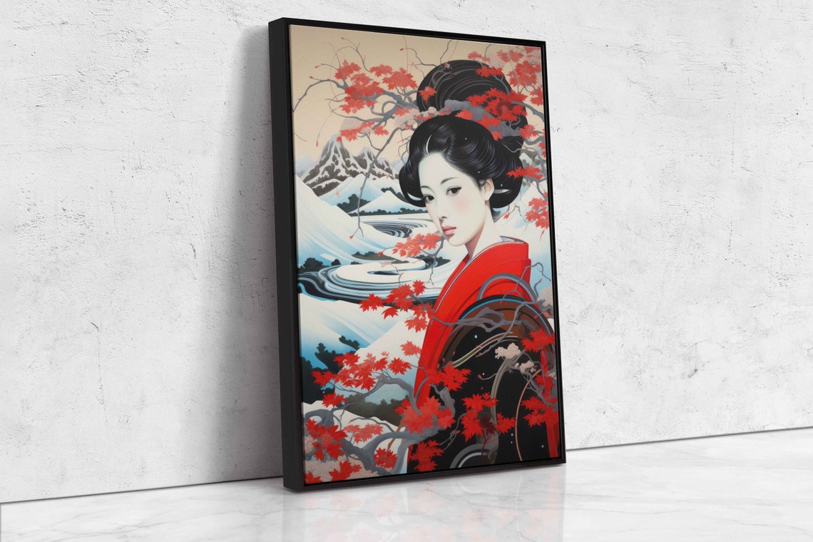 Ukiyo E Style Geisha Red Kimono Snowy Mountain Maple Wall Art Print - Image 4