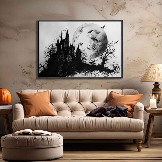 Haunted Castle Silhouette Under Full Moon With Flying Bats Halloween Art Poster