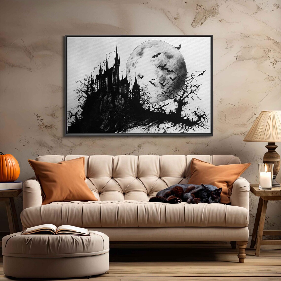 Haunted Castle Silhouette Under Full Moon With Flying Bats Halloween Art Poster
